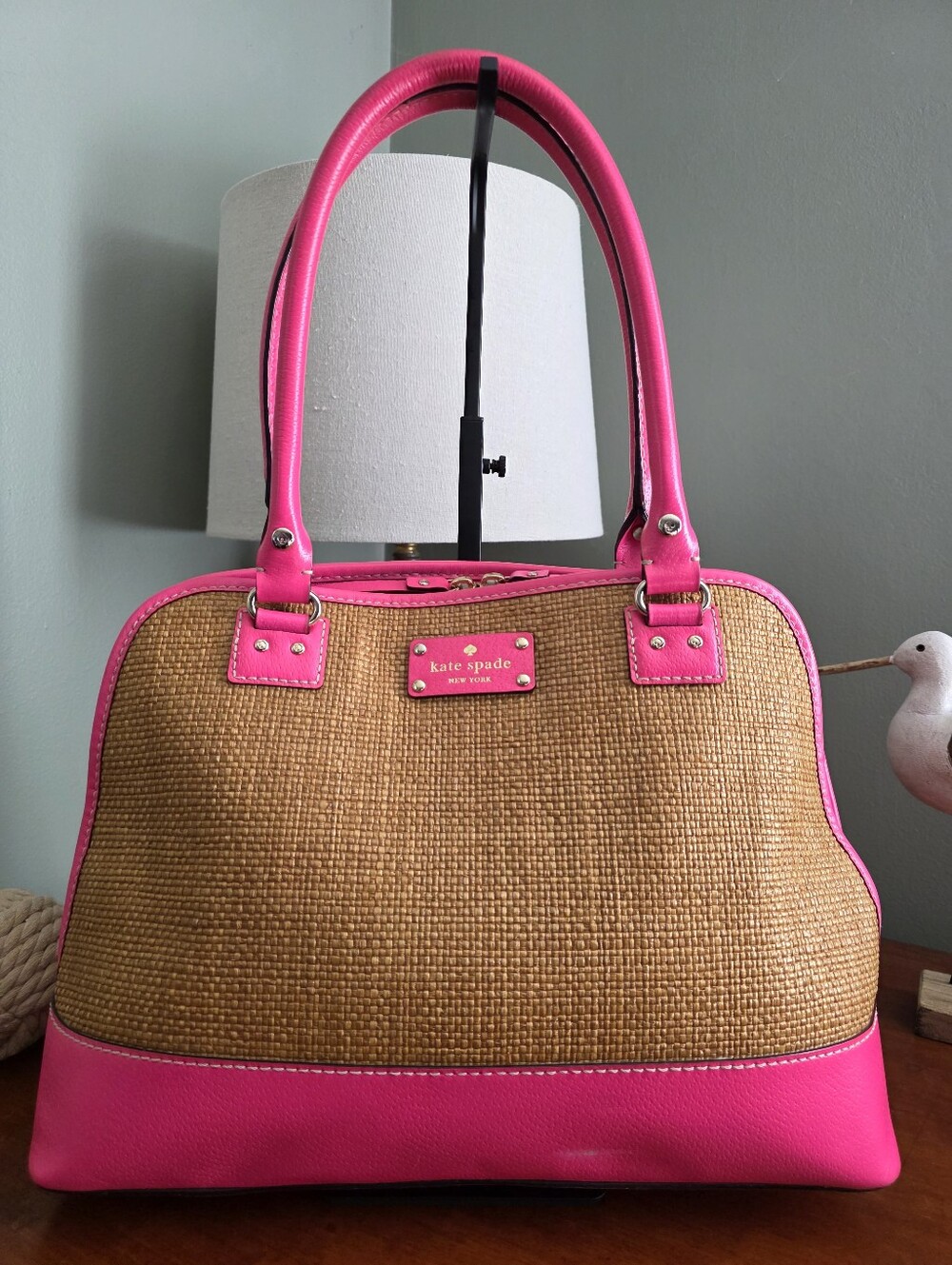 Kate Spade Rachelle Wellesley Straw Shoulder Bag Pink Leather Satchel